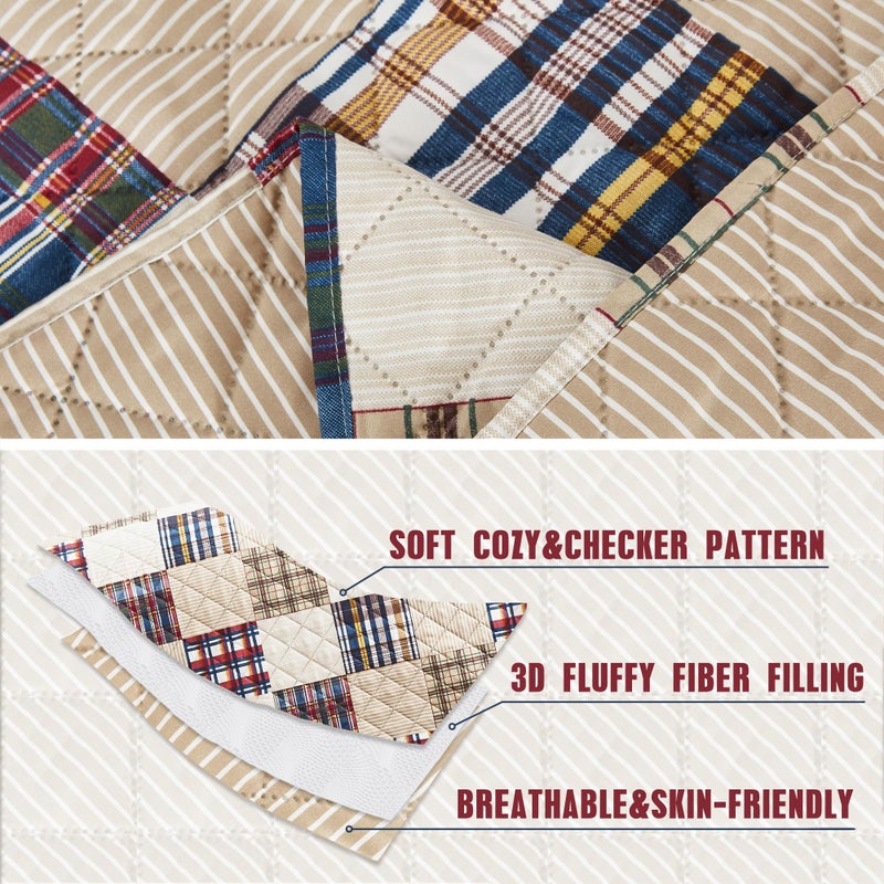 CHIXIN Plaid Quilt Queen Size - Classic Tartan Plaid Pattern - Lightweight Bedspread Coverlet Set, Country Patchwork Bedding Cover for All Season, 3 Piece, Beige - Image 5